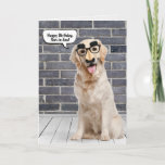 Son-in-law's Birthday Funny Golden Retriever  Card<br><div class="desc">Golden retriever wearing a funny moustache mask on grey brick wall and wood floor with speech bubble for Son-in-law's birthday.
Can be changed for anyone's birthday. Text is editable.</div>