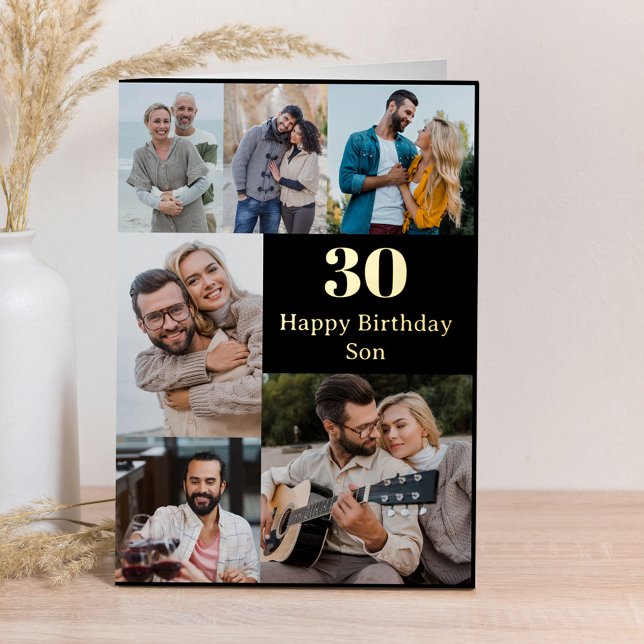 Son Name or Relation Any Age 6 Photo Gold Foil Foil Greeting Card (Creator Uploaded)