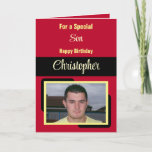 Son name photo red yellow birthday card<br><div class="desc">For a special son birthday card.
Personalise this Greetings Card with a photo and a name.
Designed in red,  yellow and black.</div>