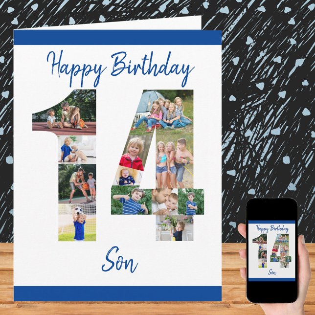 Son Number 14 Photo Collage Big 14th Birthday Card (Creator Uploaded)