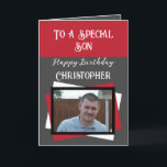 Son photo name grey red birthday card<br><div class="desc">To a special son.
Happy birthday.
Add a name and photo.
Grey,  red and black.</div>