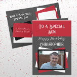 Son photo name grey red birthday card<br><div class="desc">To a special son.
Happy birthday.
Add a name and photo.
Grey,  red and black.</div>