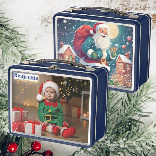 Son Photo Santa Delivering Gifts Kids Blue Metal Lunch Box