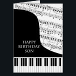 Son Piano and Music Birthday<br><div class="desc">A birthday card for a son who is into piano music. A grand piano with the keys along the bottom of the card. A sheet of music fills the background. A great card for someone who loves music. This is NOT a musical card,  it does NOT play music:</div>