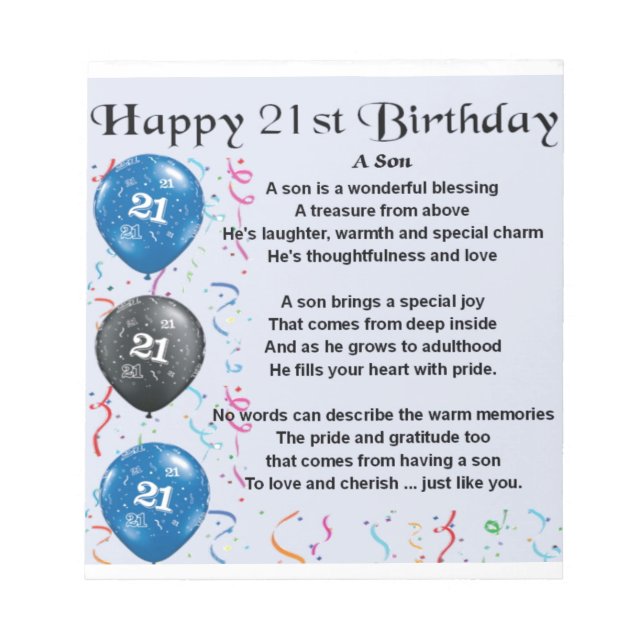 Son Poem  - 21st Birthday Design Notepad (Front)