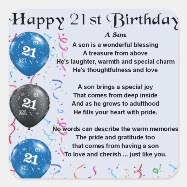 Son Poem  - 21st Birthday Design Square Sticker (Front)