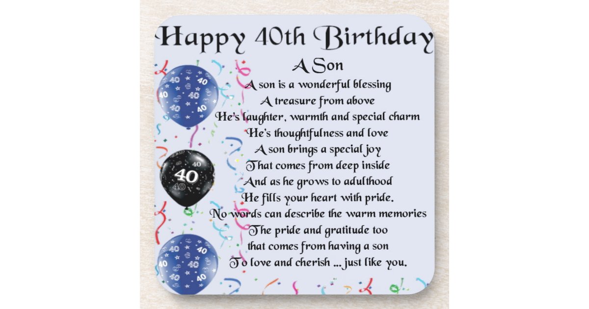 Son Poem 40th Birthday Design Coaster Uk