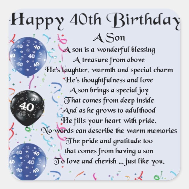 Son Poem  - 40th Birthday Design Square Sticker (Front)