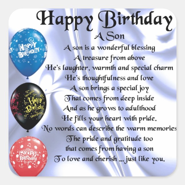 Son Poem  -  Happy Birthday Square Sticker (Front)