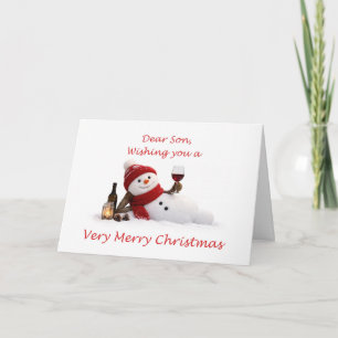 Son Relaxing Snowman with Wine Christmas Holiday Card
