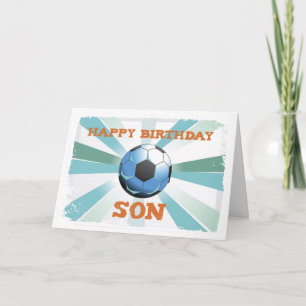Son Soccer Birthday with Ball, Orange on Teal and Card