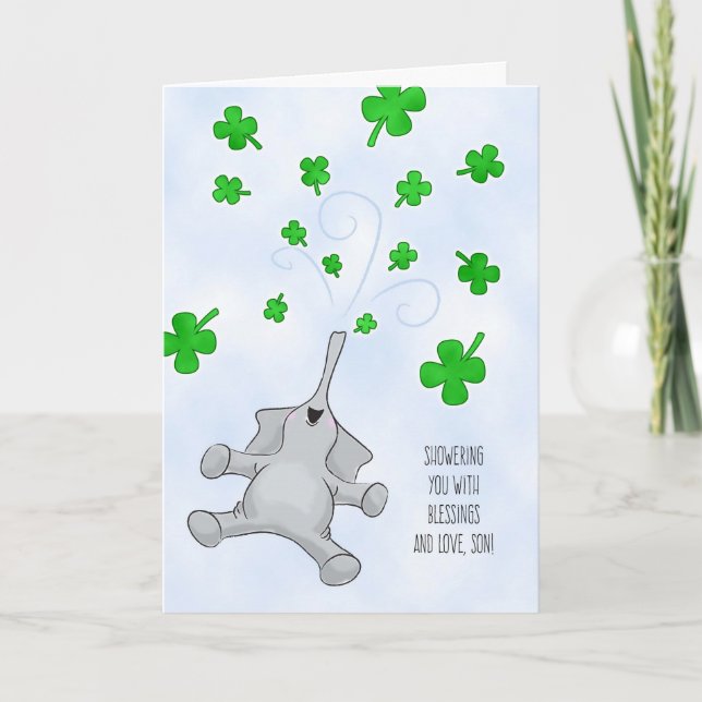 Son, St. Patrick's Day Elephant & Shamrocks Card (Front)