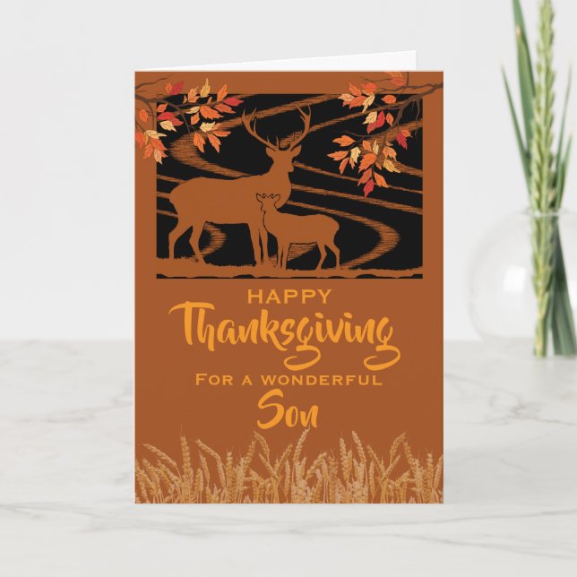 Son Thanksgiving Deer in Field Fall Leaves Card (Front)