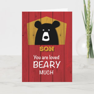 Son, Valentine Bear Wishes on Red Wood Grain Look Holiday Card