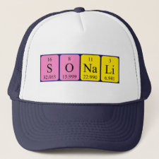 Hat featuring the name Sonali spelled out in symbols of the chemical elements