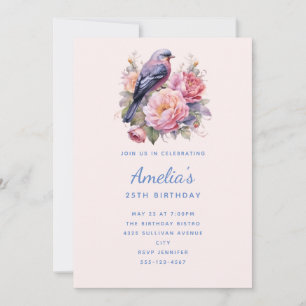 Song Bird Sitting atop Pink Peonies Birthday Invitation