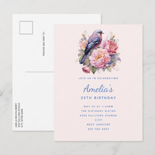 Song Bird Sitting atop Pink Peonies Birthday Invitation Postcard