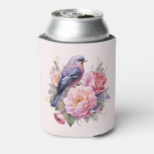 Song Bird Sitting atop Pink Peonies Can Cooler