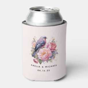 Song Bird Sitting atop Pink Peonies Wedding Can Cooler