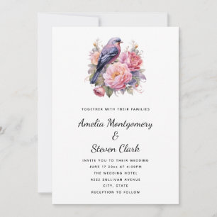 Song Bird Sitting atop Pink Peonies Wedding Invitation