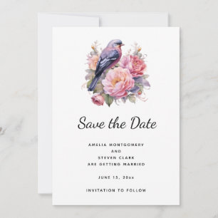 Song Bird Sitting atop Pink Peonies Wedding Save The Date