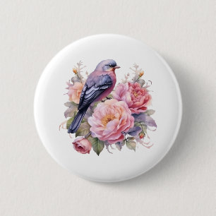 Song Bird Standing atop Pink Peonies 6 Cm Round Badge