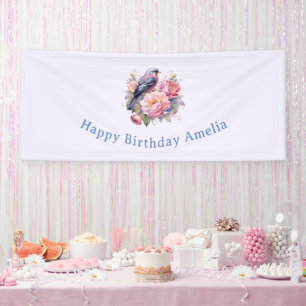 Song Bird Standing atop Pink Peonies Birthday Banner