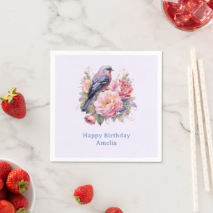 Song Bird Standing atop Pink Peonies Birthday Napkin