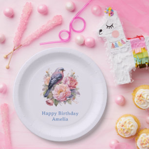 Song Bird Standing atop Pink Peonies Birthday Paper Plate