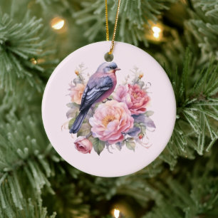 Song Bird Standing atop Pink Peonies Ceramic Tree Decoration