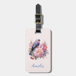 Song Bird Standing atop Pink Peonies Luggage Tag