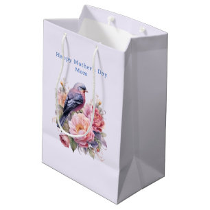 Song Bird Standing atop Pink Peonies Mother's Day Medium Gift Bag