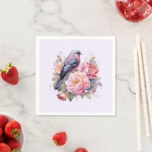 Song Bird Standing atop Pink Peonies Napkin