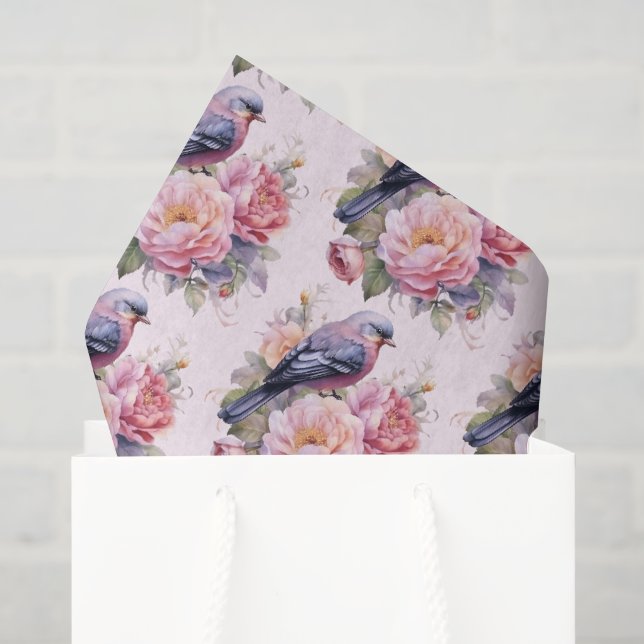 Song Bird Standing atop Pink Peonies Pattern Tissue Paper (Gift Bag)
