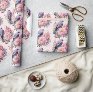 Song Bird Standing atop Pink Peonies Pattern Wrapping Paper