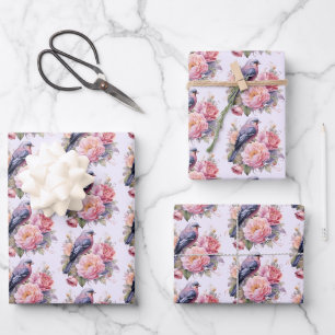 Song Bird Standing atop Pink Peonies Pattern Wrapping Paper Sheet