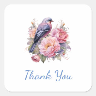 Song Bird Standing atop Pink Peonies Thank You Square Sticker