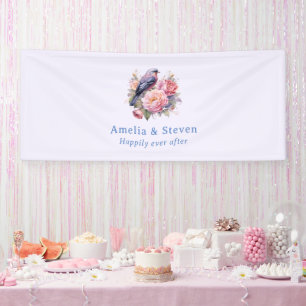 Song Bird Standing atop Pink Peonies Wedding Banner