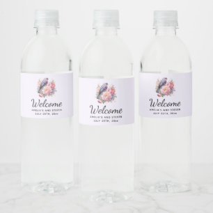 Song Bird Standing atop Pink Peonies Wedding Water Bottle Label