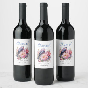 Song Bird Standing atop Pink Peonies Wedding Wine Label
