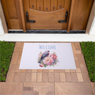 Song Bird Standing atop Pink Peonies Welcome Doormat