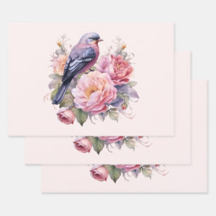 Song Bird Standing atop Pink Peonies Wrapping Paper Sheet