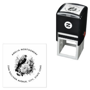 Song Bird Standing atop Pretty Peonies Address Self-inking Stamp