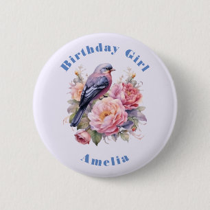 Song Bird Standing on Pink Peonies Birthday Girl 6 Cm Round Badge