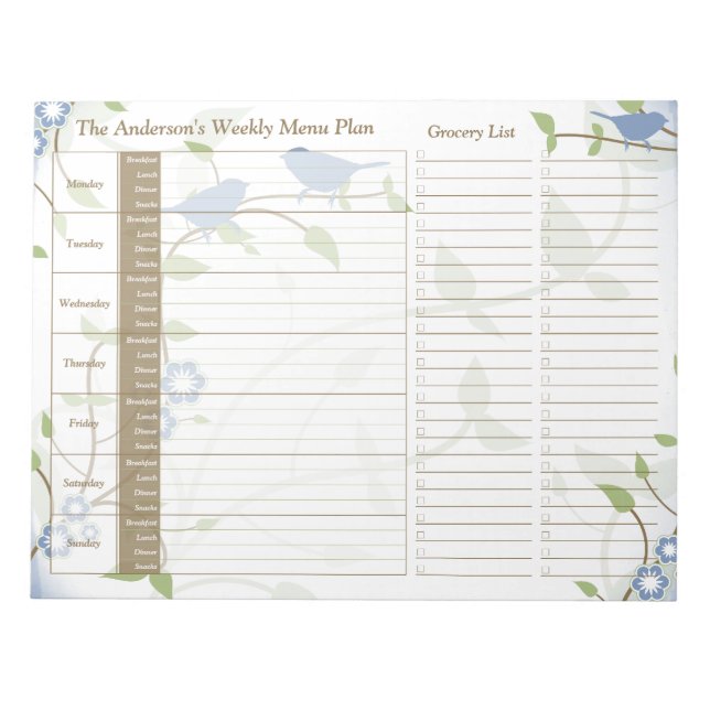 Song Birds Floral Weekly Personalised Meal Planner Notepad (Front)