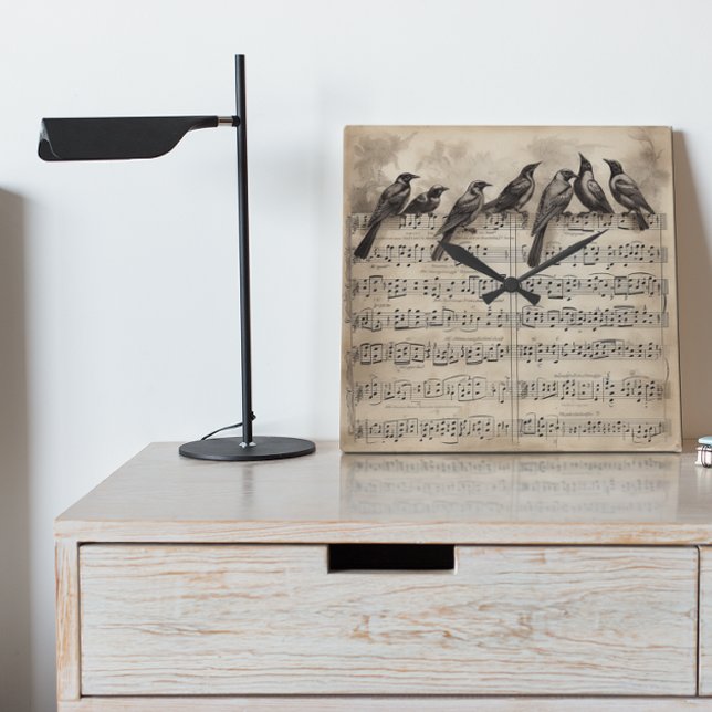 song birds sitting on a musical composition square wall clock (Creator Uploaded)