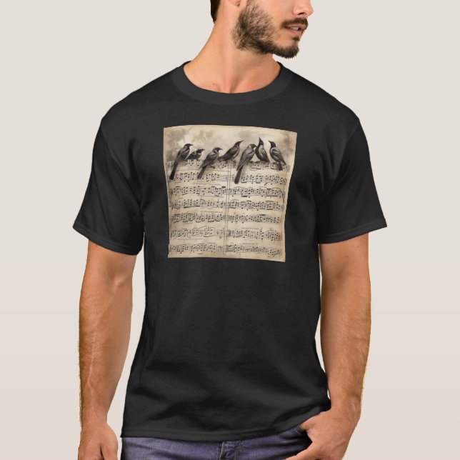 song birds sitting on a musical composition T-Shirt (Front)