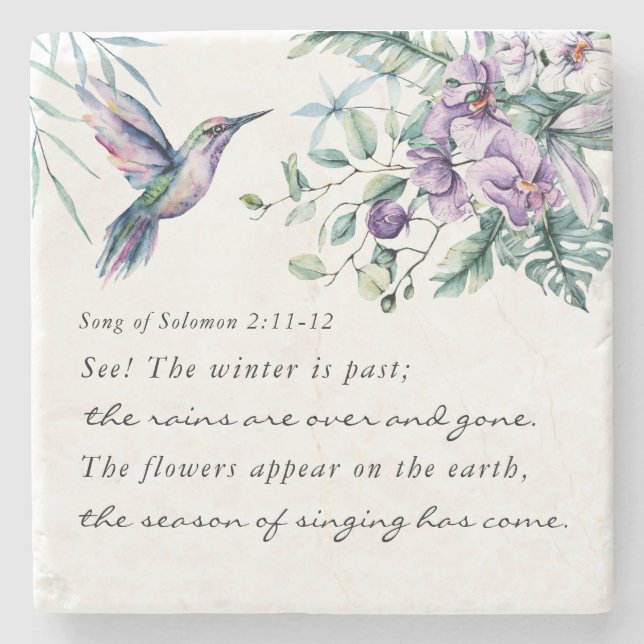 Song of Solomon 2:11-12 Hummingbird Flowers Bible Stone Coaster (Front)