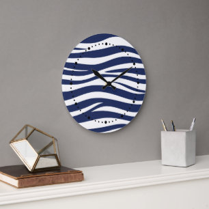 Song of the Sea Navy Blue Nautical Flowing Waves Large Clock