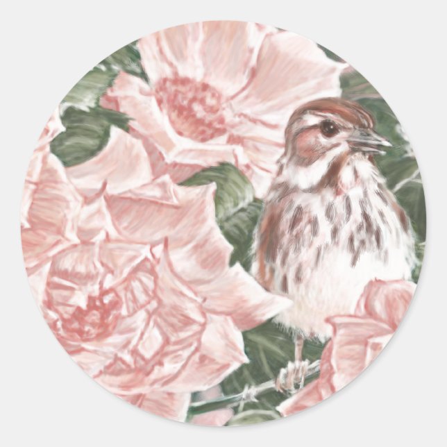 Song Sparrow and Pink Roses Flower Painting Classic Round Sticker (Front)